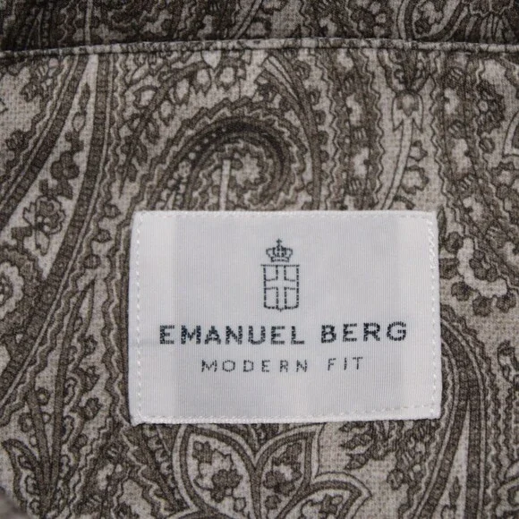 Emanuel Berg NWT Byron Casual Button Down Shirt Sz 42 16.5 L Taupe Brown Paisley